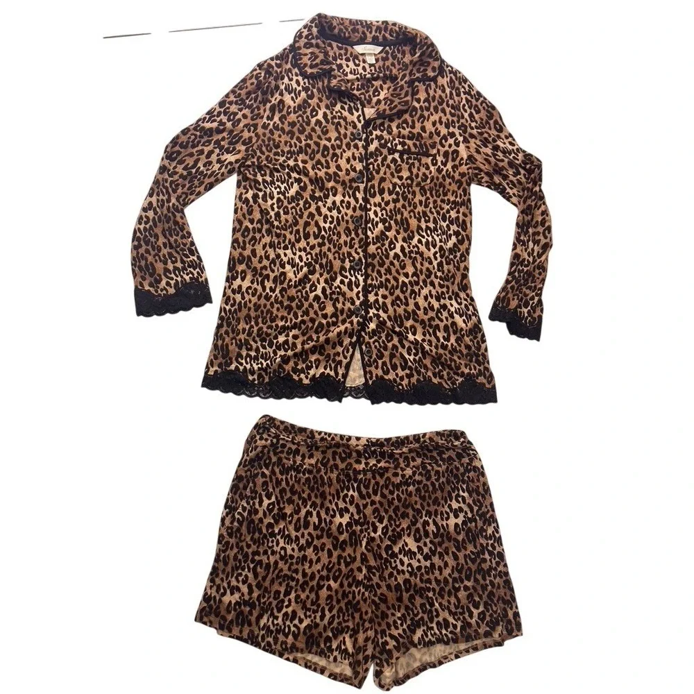 Soma Pajama Set Women Small Brown Leopard‎ Print Lace Trim Button Front Shorts